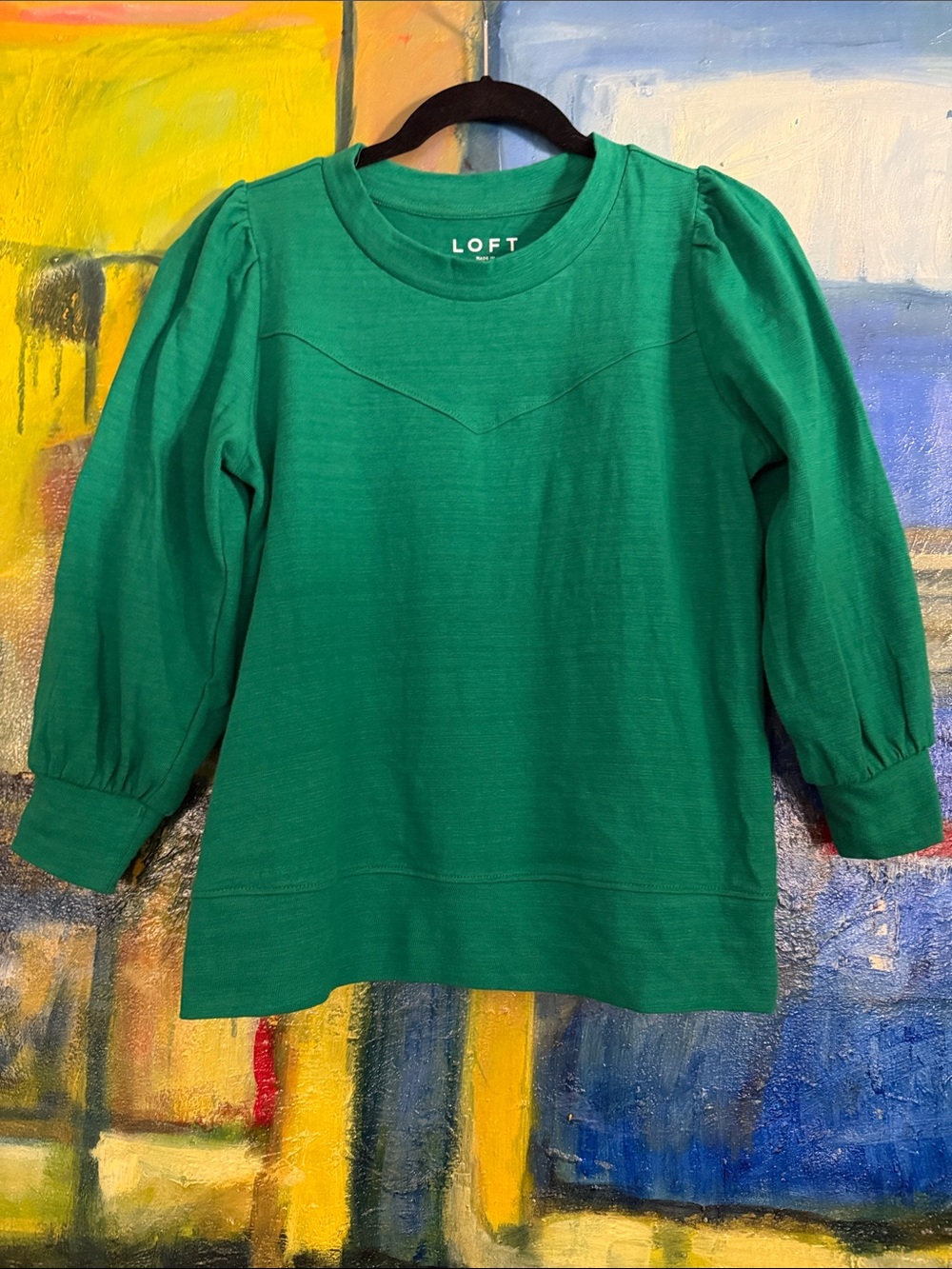 Loft Women Puff Sleeve Crew Neck Sweatshirt Green Sz Sm 100% Cotton Jewel green